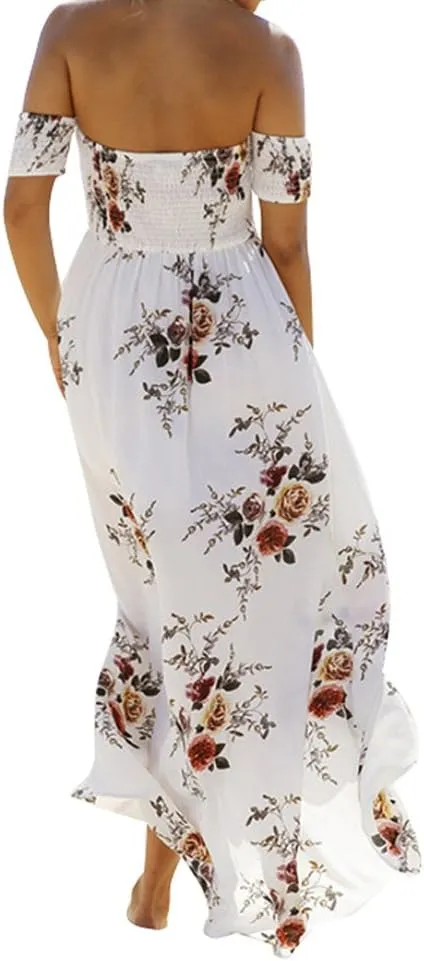 SVALIY Women Floral Off The Shoulder Split Chiffon Maxi Beach Dresses Wedding Party