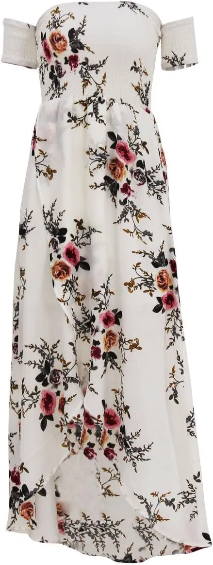 SVALIY Women Floral Off The Shoulder Split Chiffon Maxi Beach Dresses Wedding Party