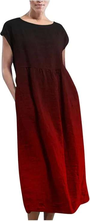 TANGNADE Plus Size Cotton Linen Dresses for Women Short Sleeve Summer Maxi Dress with Pockets Flowy Vacation Dresses