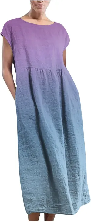 TANGNADE Plus Size Cotton Linen Dresses for Women Short Sleeve Summer Maxi Dress with Pockets Flowy Vacation Dresses