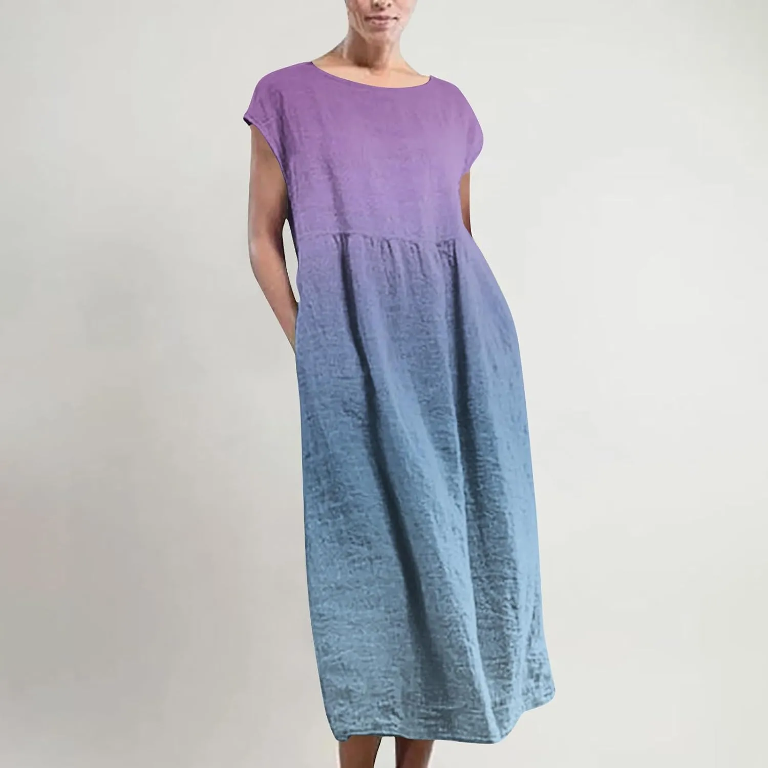 TANGNADE Plus Size Cotton Linen Dresses for Women Short Sleeve Summer Maxi Dress with Pockets Flowy Vacation Dresses