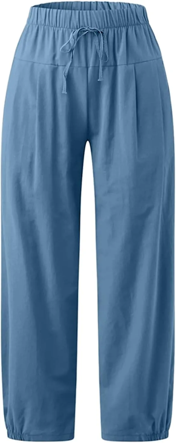 TBA Women's Casual Pants Summer Wide Leg Capris Drawstring Elastic High Waist Cotton Cropped Trousers with Pockets