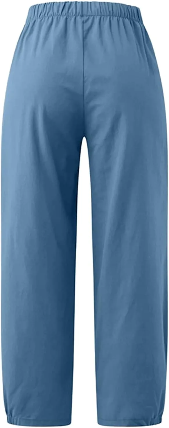 TBA Women's Casual Pants Summer Wide Leg Capris Drawstring Elastic High Waist Cotton Cropped Trousers with Pockets