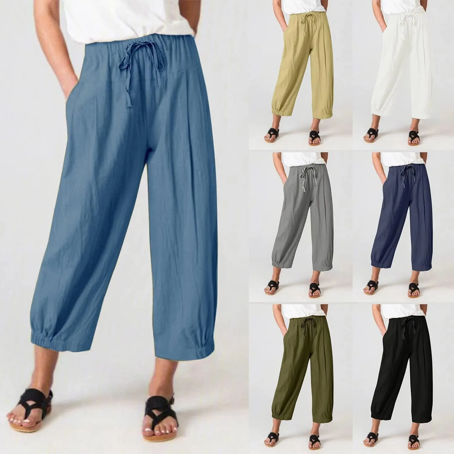 TBA Women's Casual Pants Summer Wide Leg Capris Drawstring Elastic High Waist Cotton Cropped Trousers with Pockets