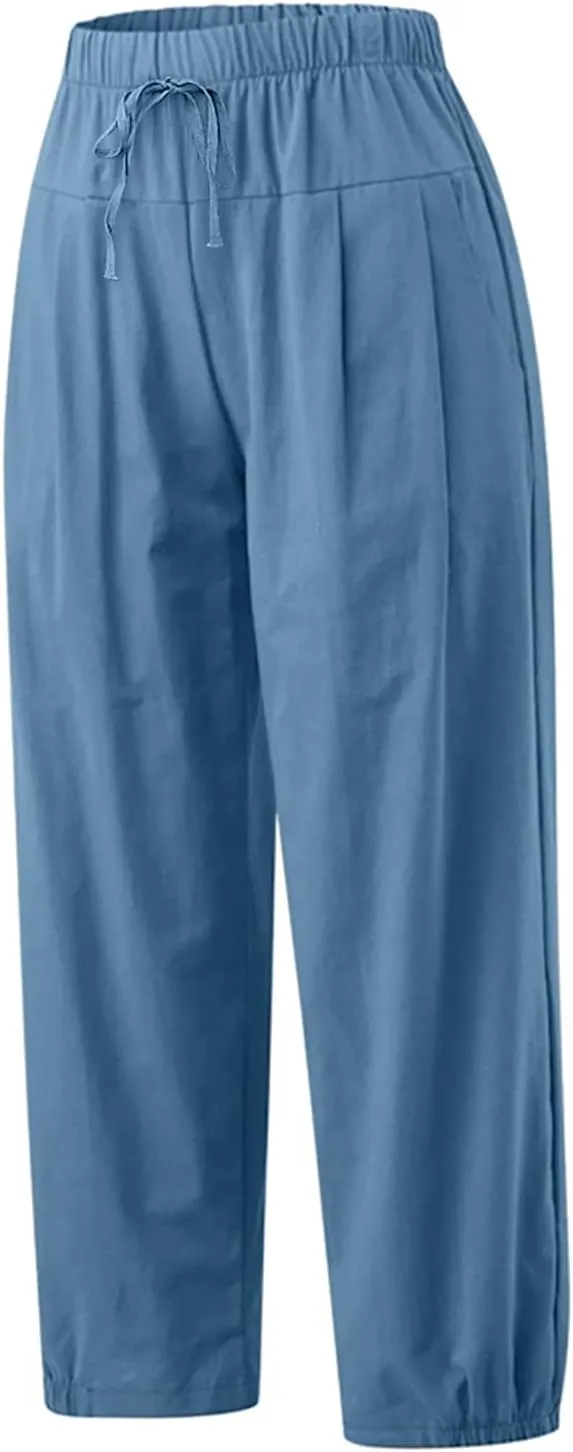 TBA Women's Casual Pants Summer Wide Leg Capris Drawstring Elastic High Waist Cotton Cropped Trousers with Pockets