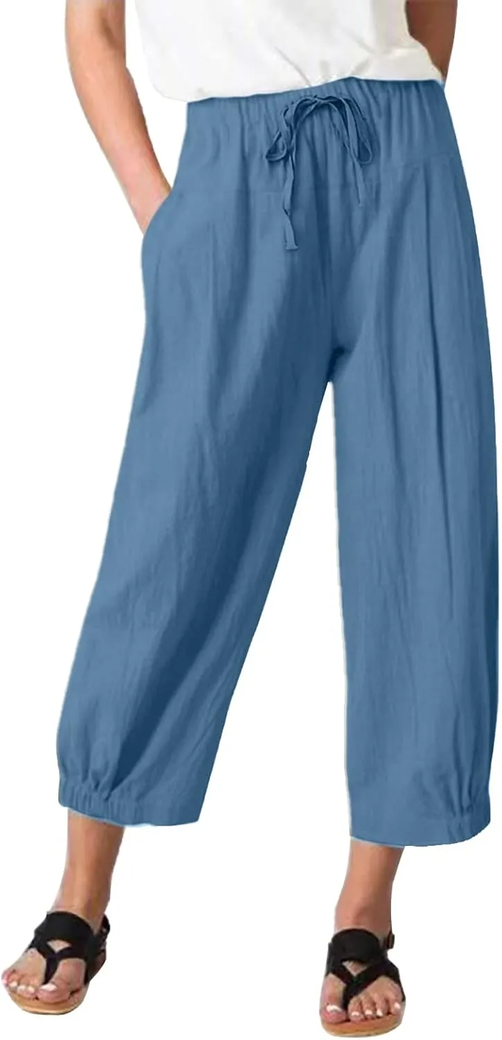 TBA Women's Casual Pants Summer Wide Leg Capris Drawstring Elastic High Waist Cotton Cropped Trousers with Pockets
