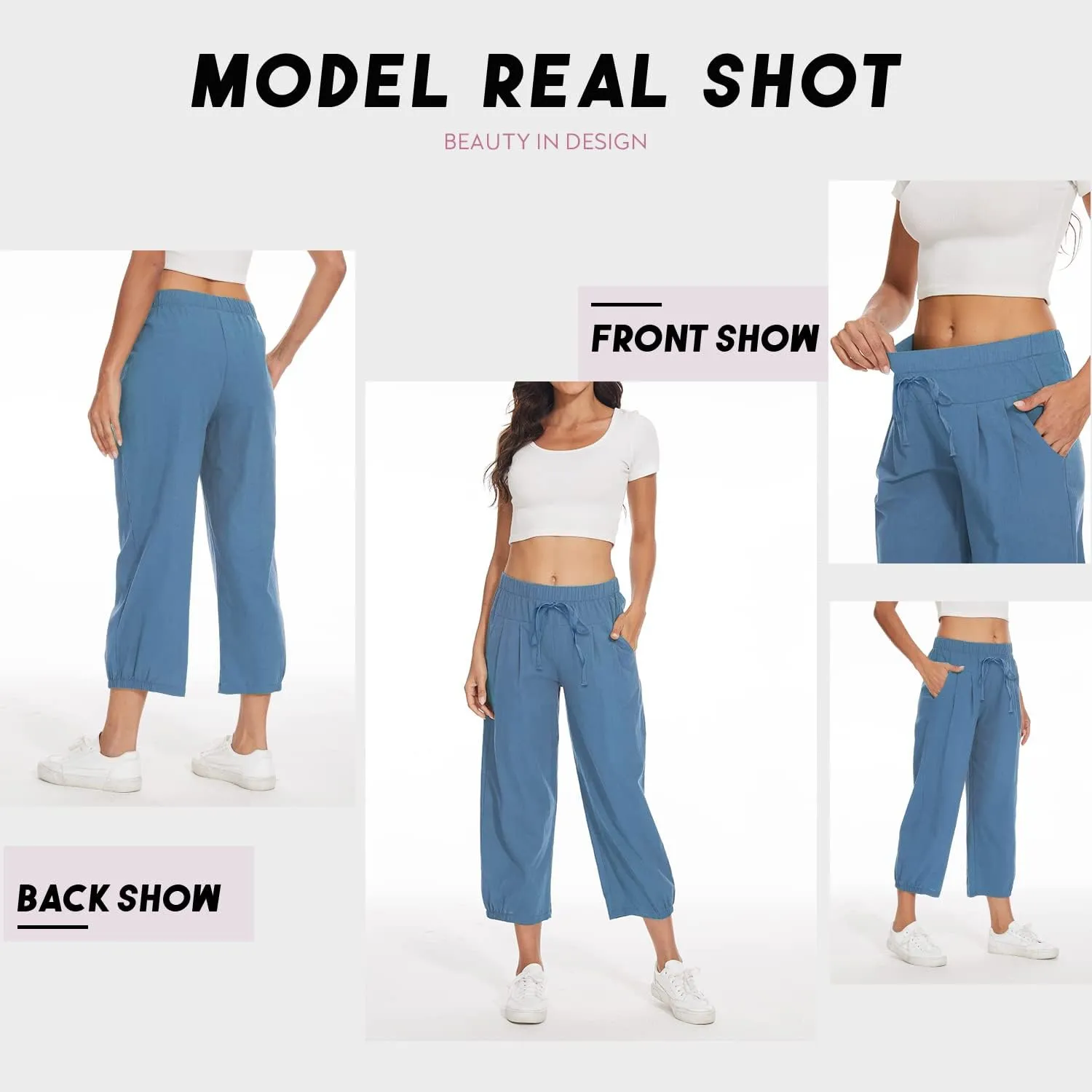 TBA Women's Casual Pants Summer Wide Leg Capris Drawstring Elastic High Waist Cotton Cropped Trousers with Pockets