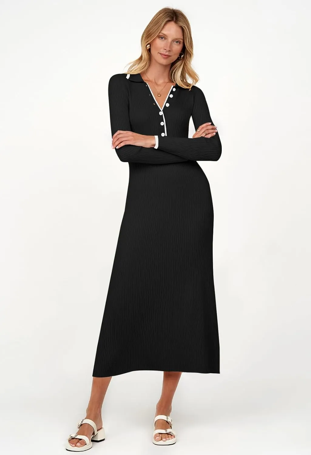 TECREW Women's Long Sleeve V Neck Sweater Maxi Dress Button Bodycon Fitted Fall Ribbed Knit Dresses