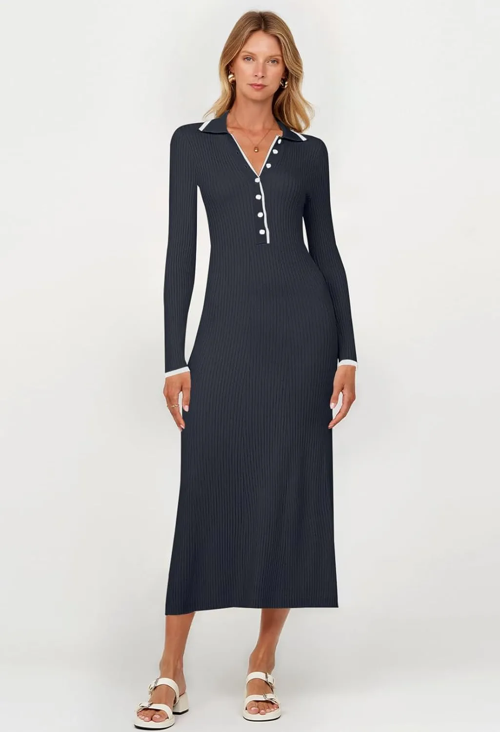TECREW Women's Long Sleeve V Neck Sweater Maxi Dress Button Bodycon Fitted Fall Ribbed Knit Dresses