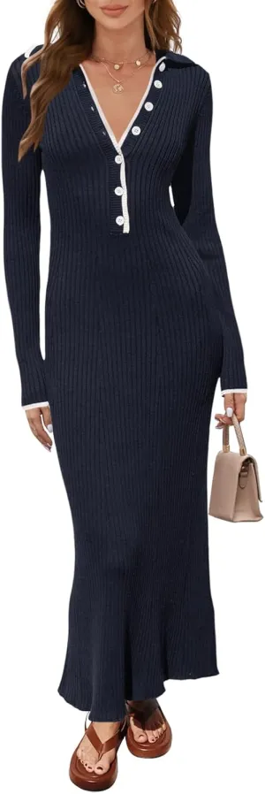 TECREW Women's Long Sleeve V Neck Sweater Maxi Dress Button Bodycon Fitted Fall Ribbed Knit Dresses