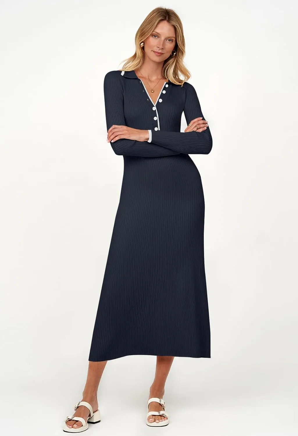 TECREW Women's Long Sleeve V Neck Sweater Maxi Dress Button Bodycon Fitted Fall Ribbed Knit Dresses