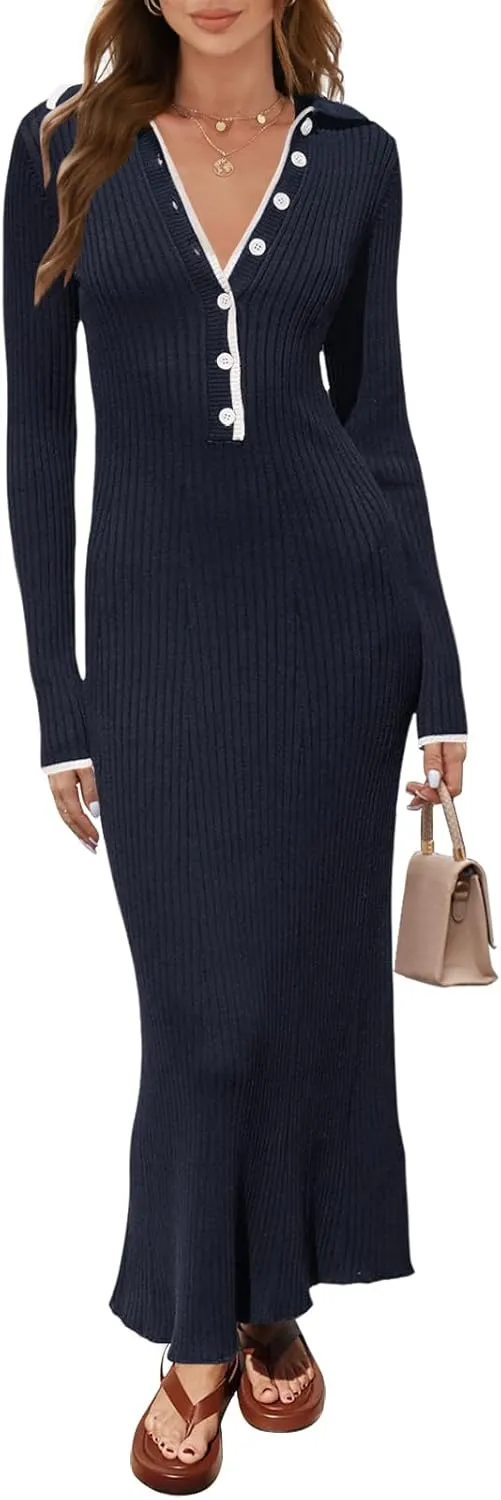 TECREW Women's Long Sleeve V Neck Sweater Maxi Dress Button Bodycon Fitted Fall Ribbed Knit Dresses