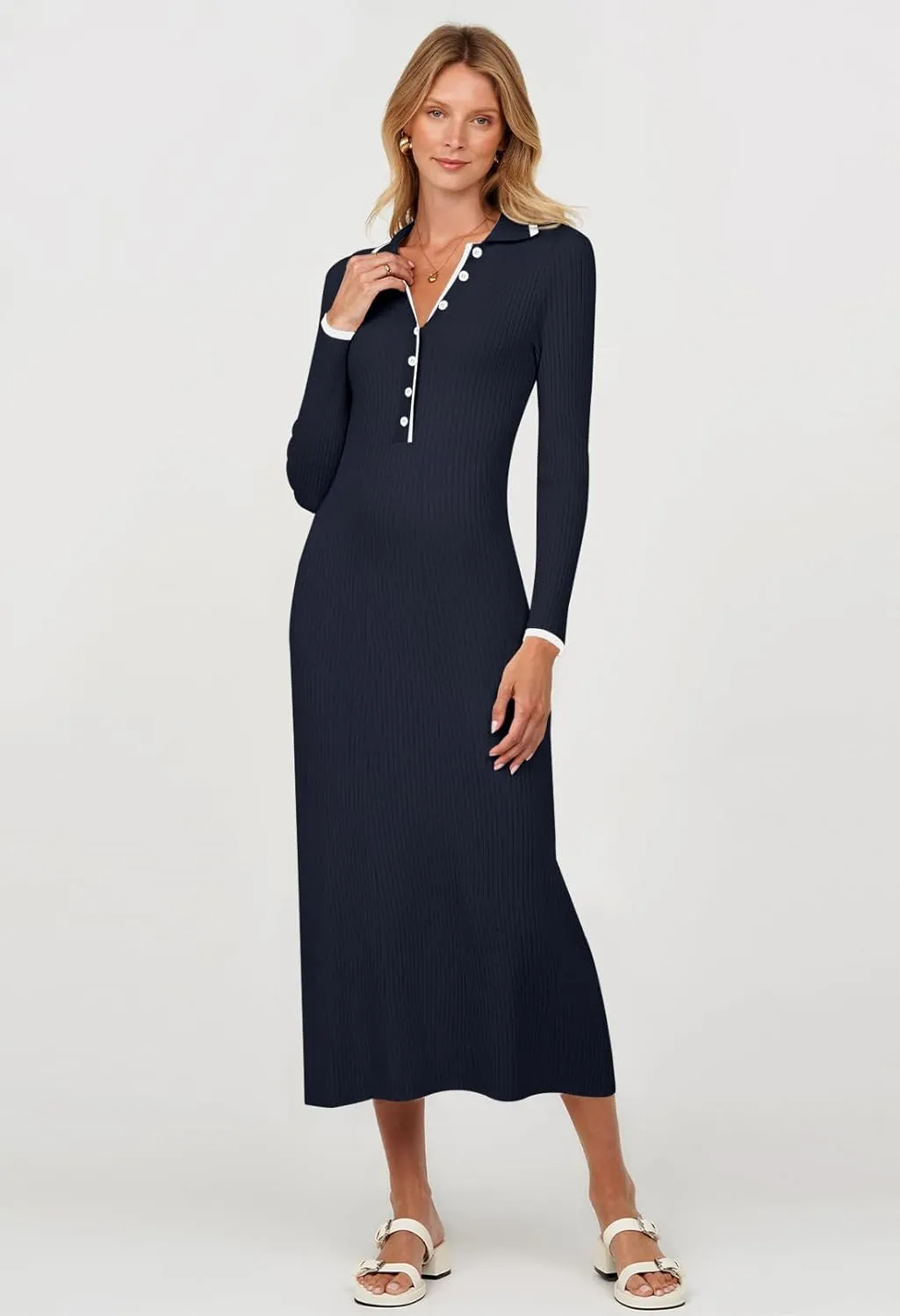 TECREW Women's Long Sleeve V Neck Sweater Maxi Dress Button Bodycon Fitted Fall Ribbed Knit Dresses