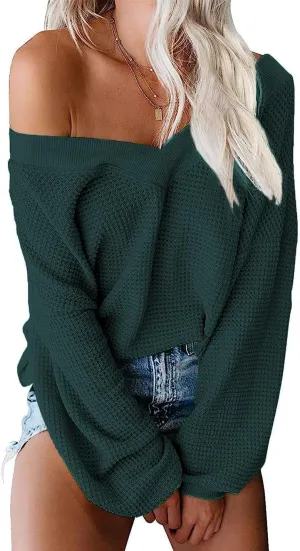 Tobrief Women's V Neck Long Sleeve Waffle Knit Tops Off Shoulder Oversized Pullover Sweater