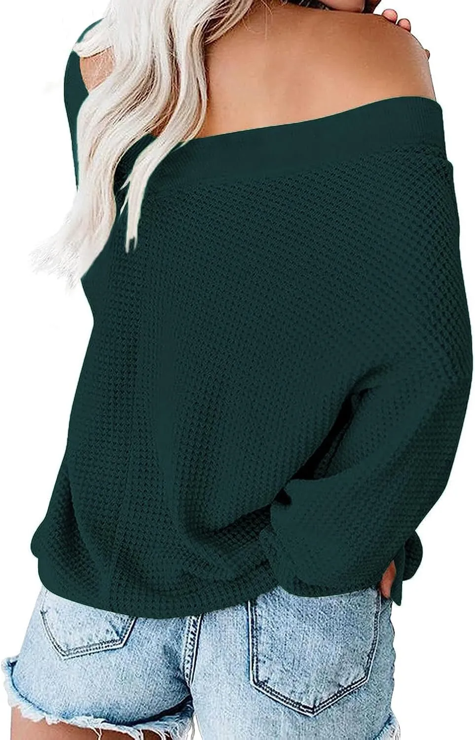 Tobrief Women's V Neck Long Sleeve Waffle Knit Tops Off Shoulder Oversized Pullover Sweater