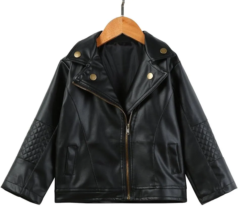 Toddler Boy Girl Motorcycle Faux Leather Jackets Lapel Crop Long Sleeve Button Fall Winter Outerwear Coat