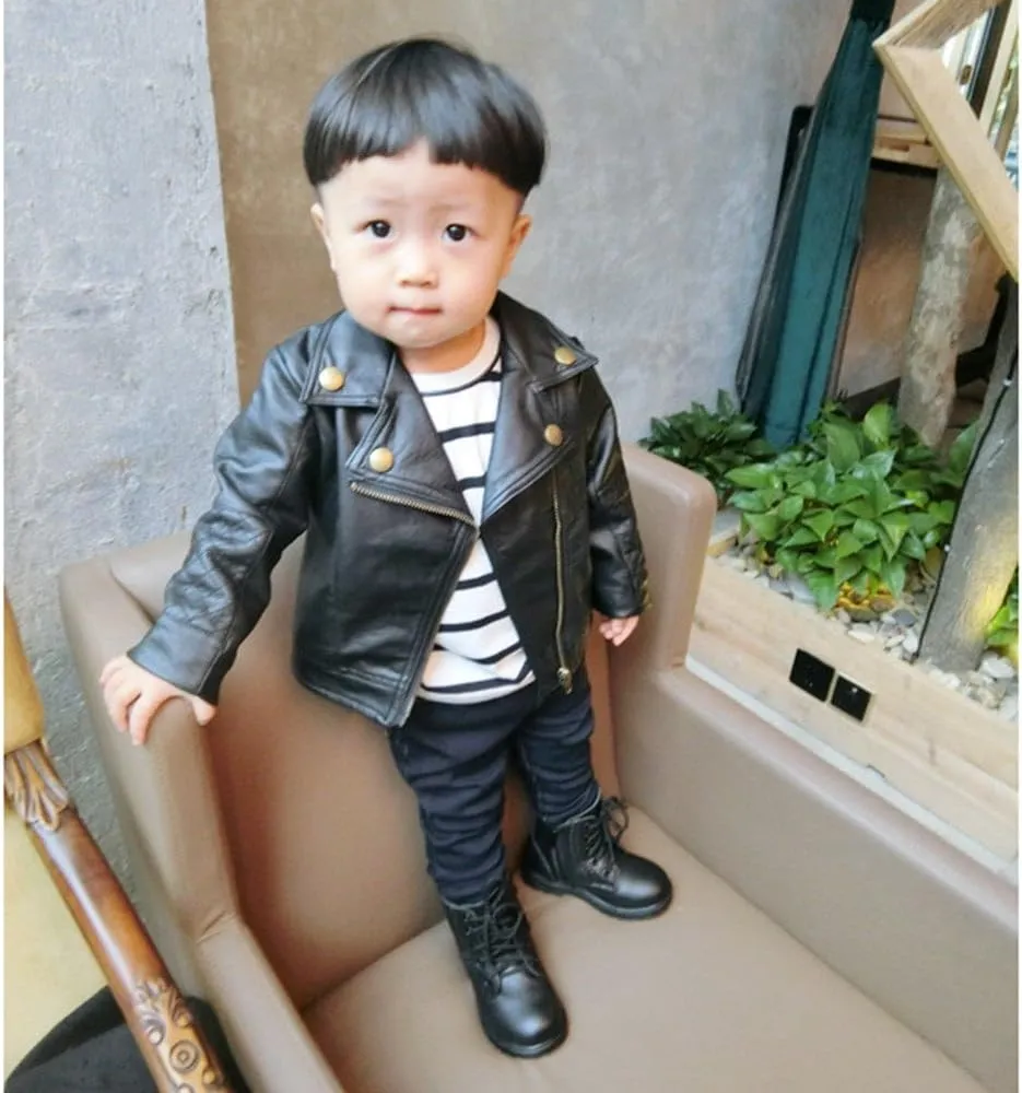 Toddler Boy Girl Motorcycle Faux Leather Jackets Lapel Crop Long Sleeve Button Fall Winter Outerwear Coat