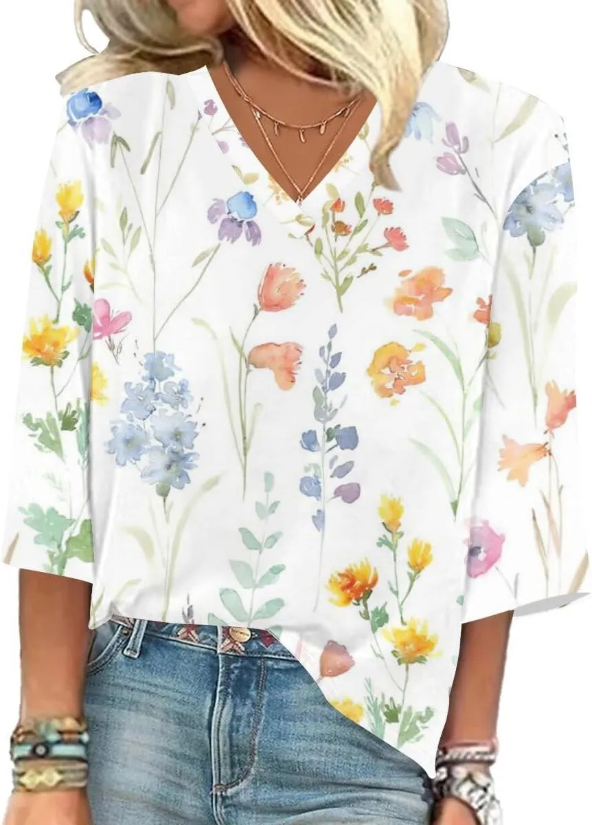 Tops for Women with Sleeves 3/4 Sleeve Shirts Lace V Neck Dressy Tops Trendy Summer Floral Blouses
