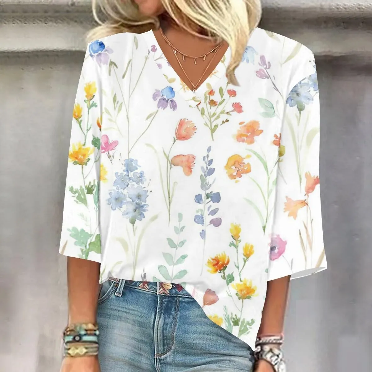 Tops for Women with Sleeves 3/4 Sleeve Shirts Lace V Neck Dressy Tops Trendy Summer Floral Blouses