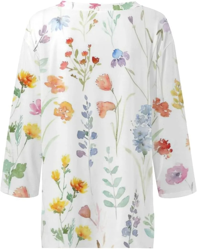 Tops for Women with Sleeves 3/4 Sleeve Shirts Lace V Neck Dressy Tops Trendy Summer Floral Blouses