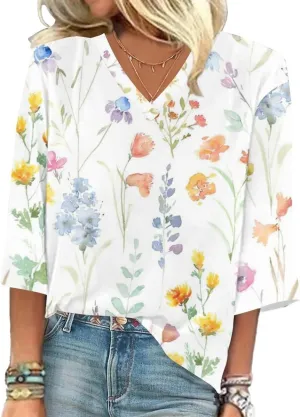 Tops for Women with Sleeves 3/4 Sleeve Shirts Lace V Neck Dressy Tops Trendy Summer Floral Blouses