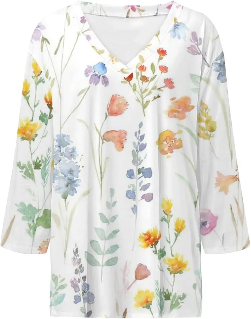 Tops for Women with Sleeves 3/4 Sleeve Shirts Lace V Neck Dressy Tops Trendy Summer Floral Blouses