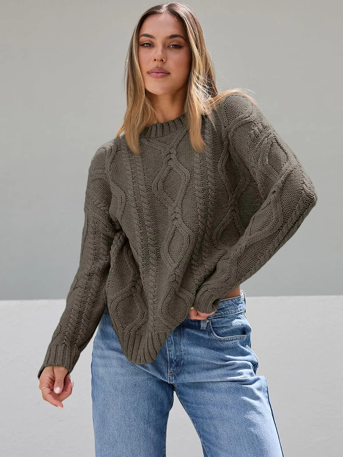 Trendy Queen Women's Oversized Cable Knit Crewneck Sweaters