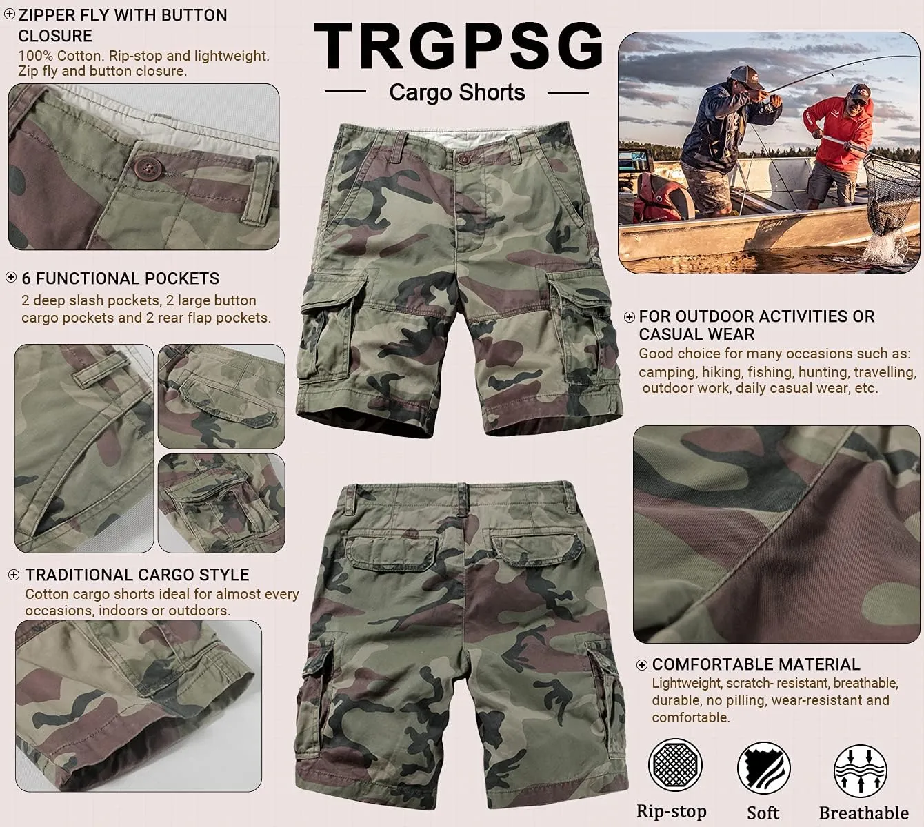 TRGPSG Men's Camo Multi-Pocket Relaxed Fit Casual Shorts,Outdoor Camouflage Twill Cargo Shorts 11" Inseam(No Belt)