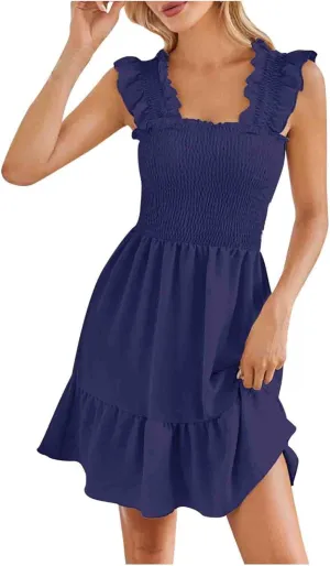 TUNUSKAT Womens Summer Casual Sleeveless Dresses Square Neck Smocked Ruffle Mini Dress 2024 Trendy Boho Beach Short Sundress