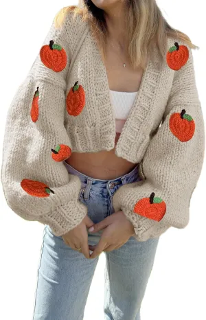 UAURORAO Women Oversized Cute Cardigan Fruit Embroidered Cropped Sweater Coat Button Chunky Knit Aesthetic Cardigans