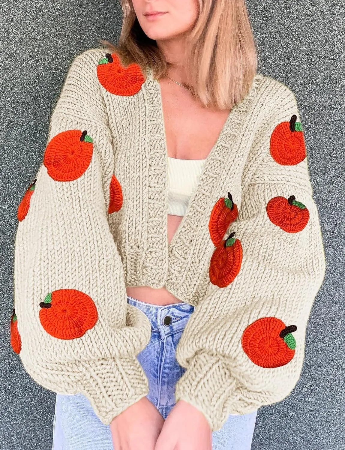 UAURORAO Women Oversized Cute Cardigan Fruit Embroidered Cropped Sweater Coat Button Chunky Knit Aesthetic Cardigans