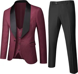 UNINUKOO Mens Floral Suits 3 Piece Tuxedo Suit Slim Fit Jacquard Tux Suit Set Shawl Lapel for Wedding Prom Suit