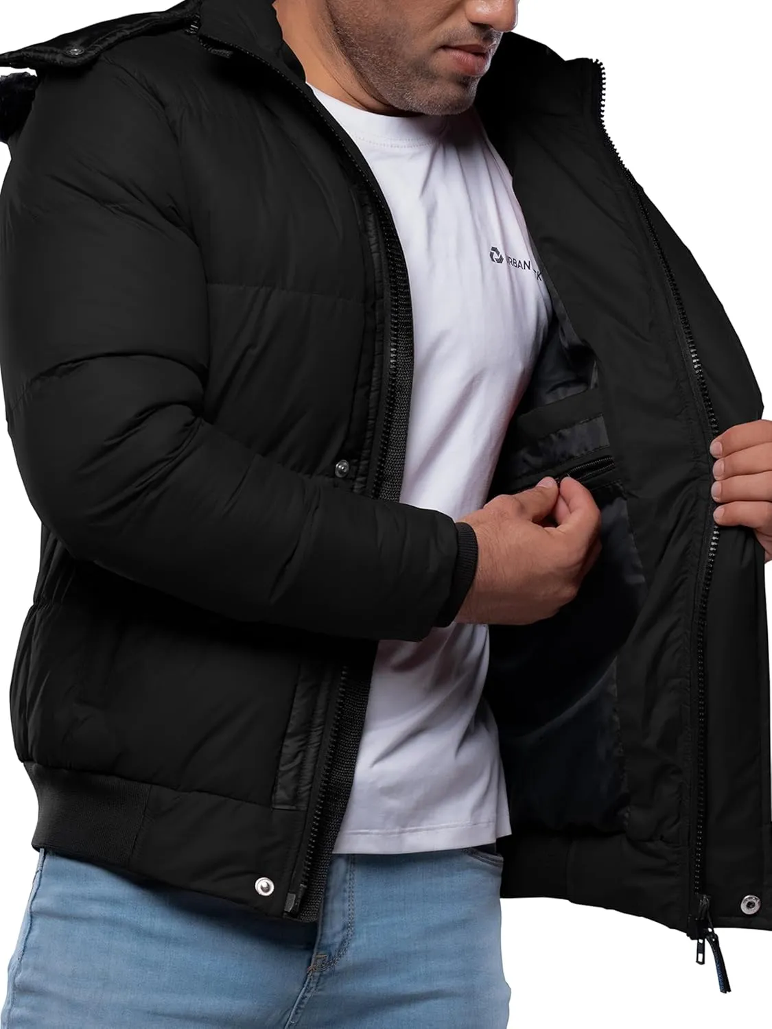 URBAN BUCK Mens Faux Fur Trimmed Hood Puffer Jacket Midweight Winter Down Windproof & Water Repellent Men Climbing Jackets