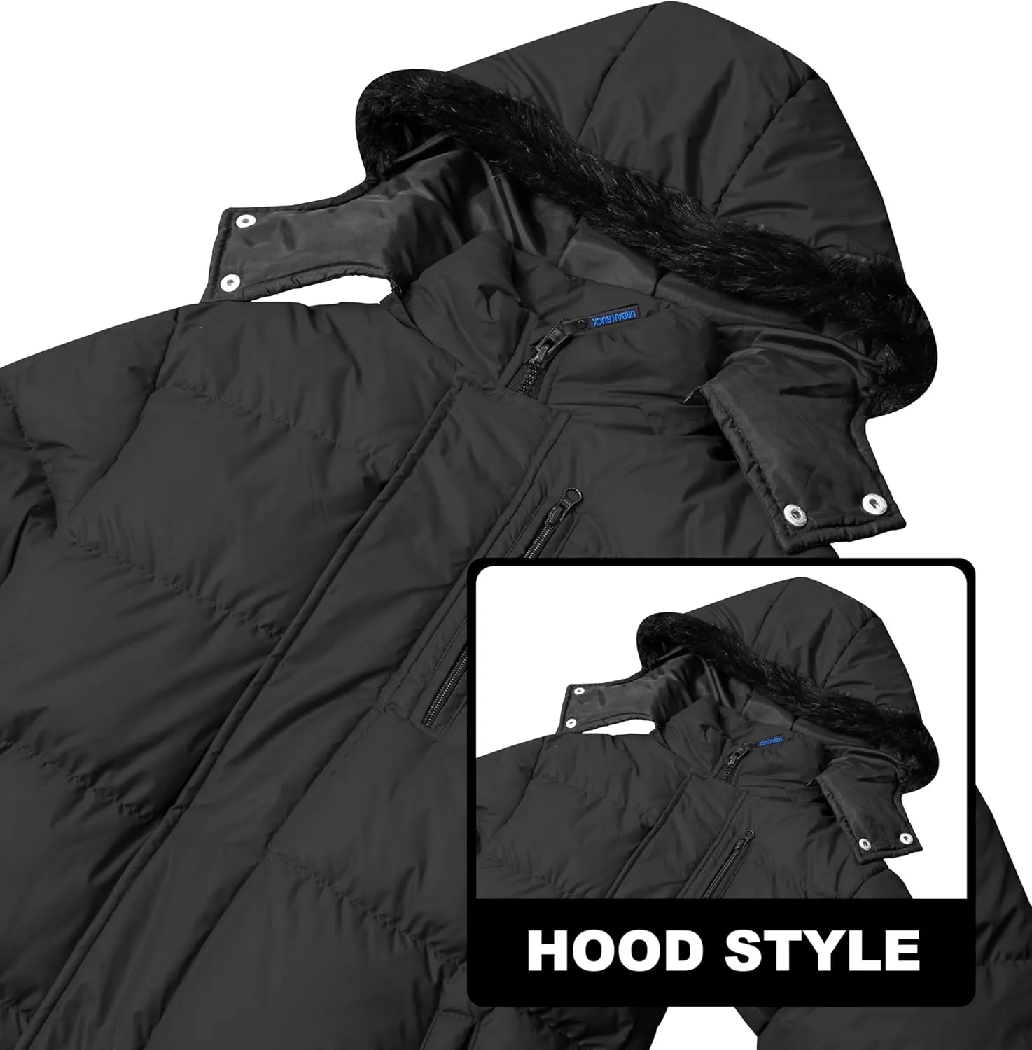 URBAN BUCK Mens Faux Fur Trimmed Hood Puffer Jacket Midweight Winter Down Windproof & Water Repellent Men Climbing Jackets
