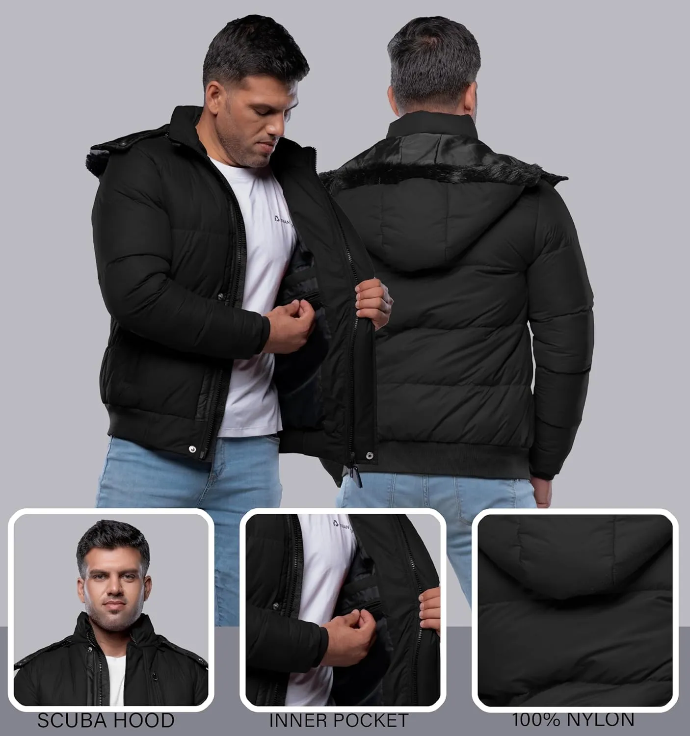 URBAN BUCK Mens Faux Fur Trimmed Hood Puffer Jacket Midweight Winter Down Windproof & Water Repellent Men Climbing Jackets