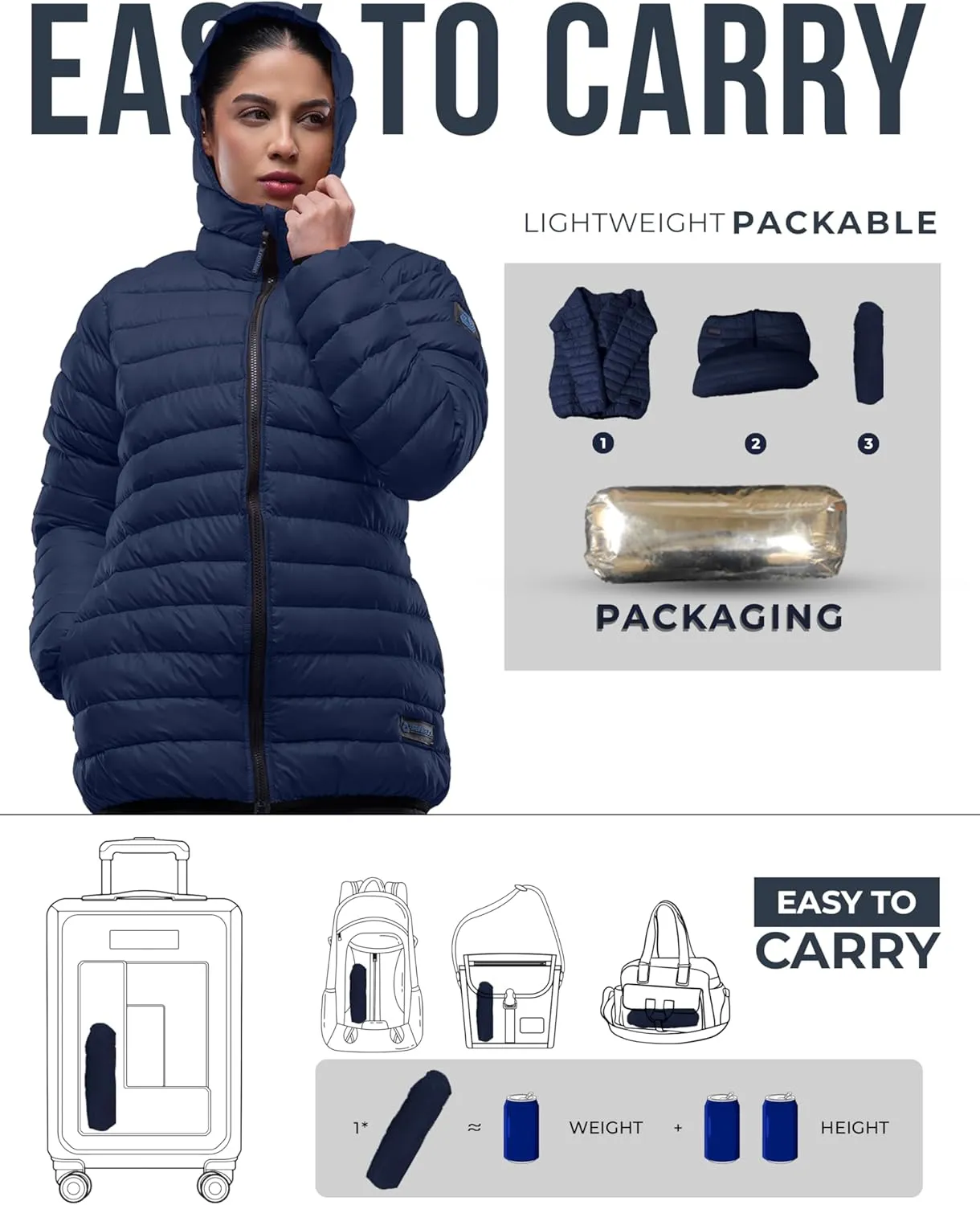 URBAN BUCK Packable Puffer Jacket Women with Hood  32 Degree Lightweight Quilted Winter Puff Foldable Jacket for Women