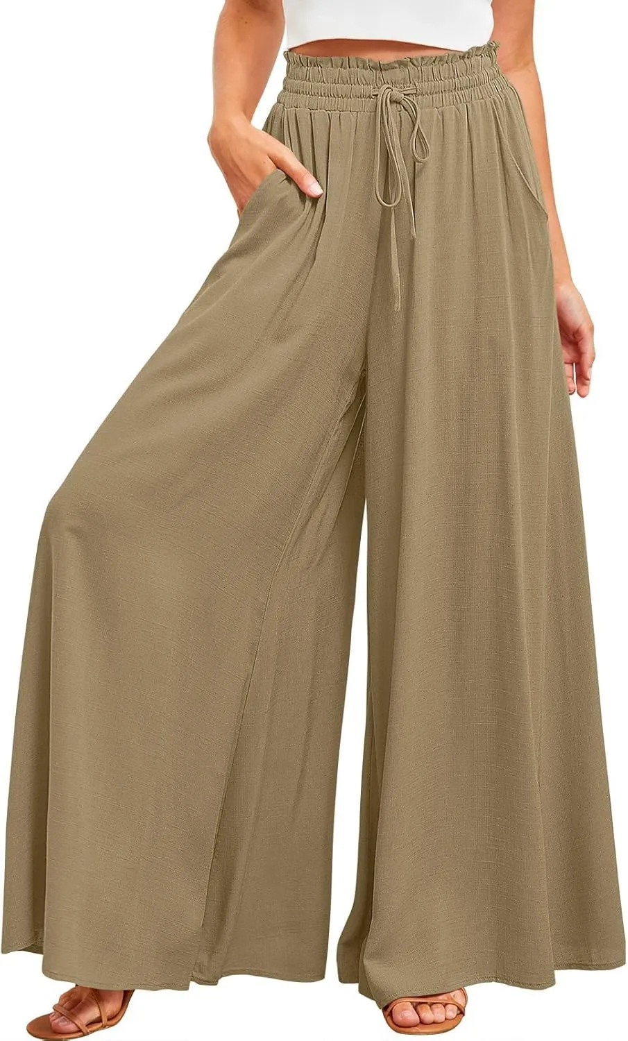 utcoco Palazzo Pants for Women Casual Loose High Waisted Wide Leg Pants with Drawstring