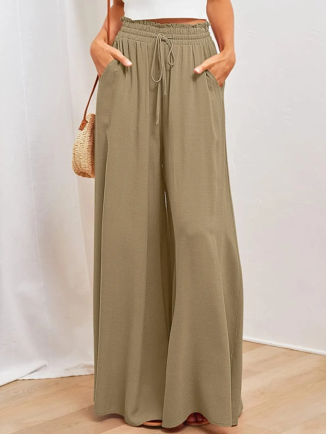 utcoco Palazzo Pants for Women Casual Loose High Waisted Wide Leg Pants with Drawstring