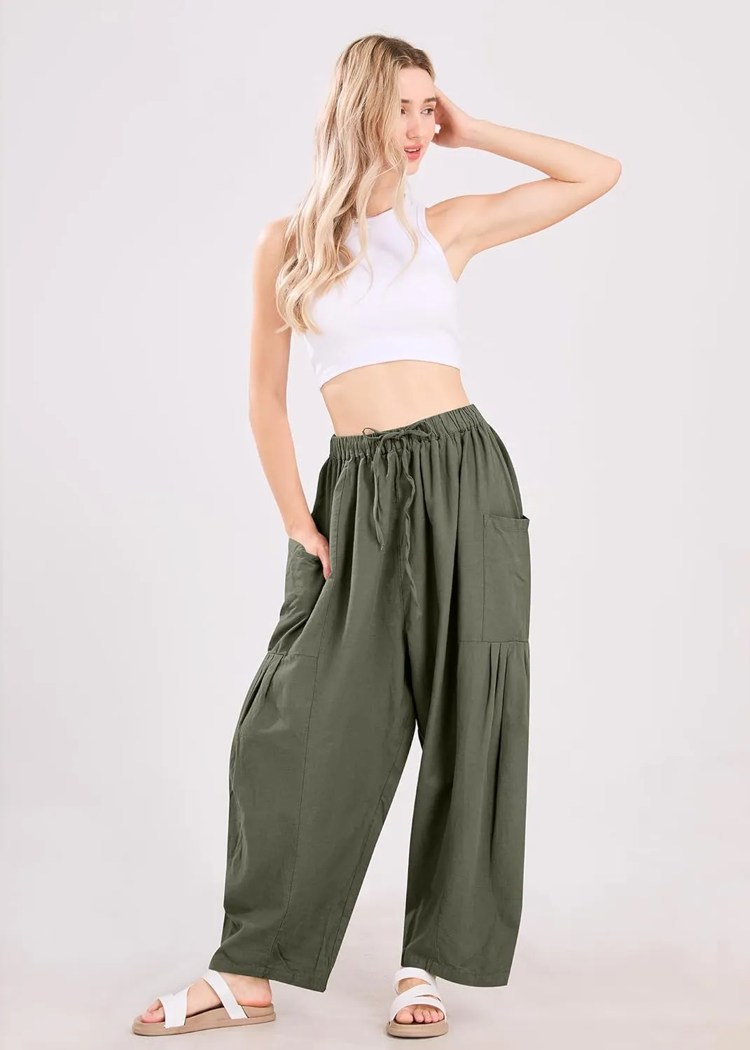 utcoco Womens Baggy Linen Pants Casual Loose Fit Drawstring Wide Leg Harem Pants with Pocket