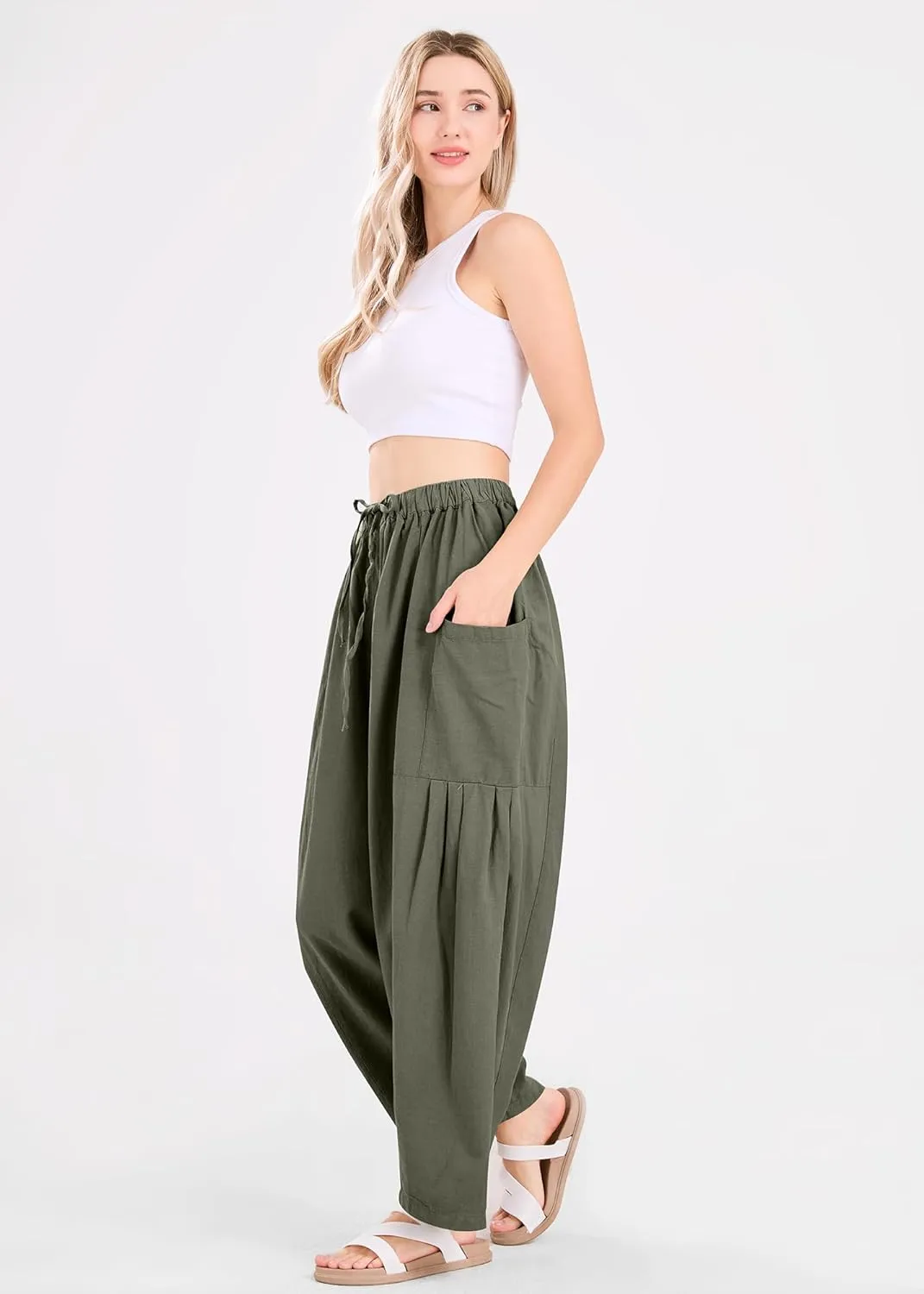 utcoco Womens Baggy Linen Pants Casual Loose Fit Drawstring Wide Leg Harem Pants with Pocket