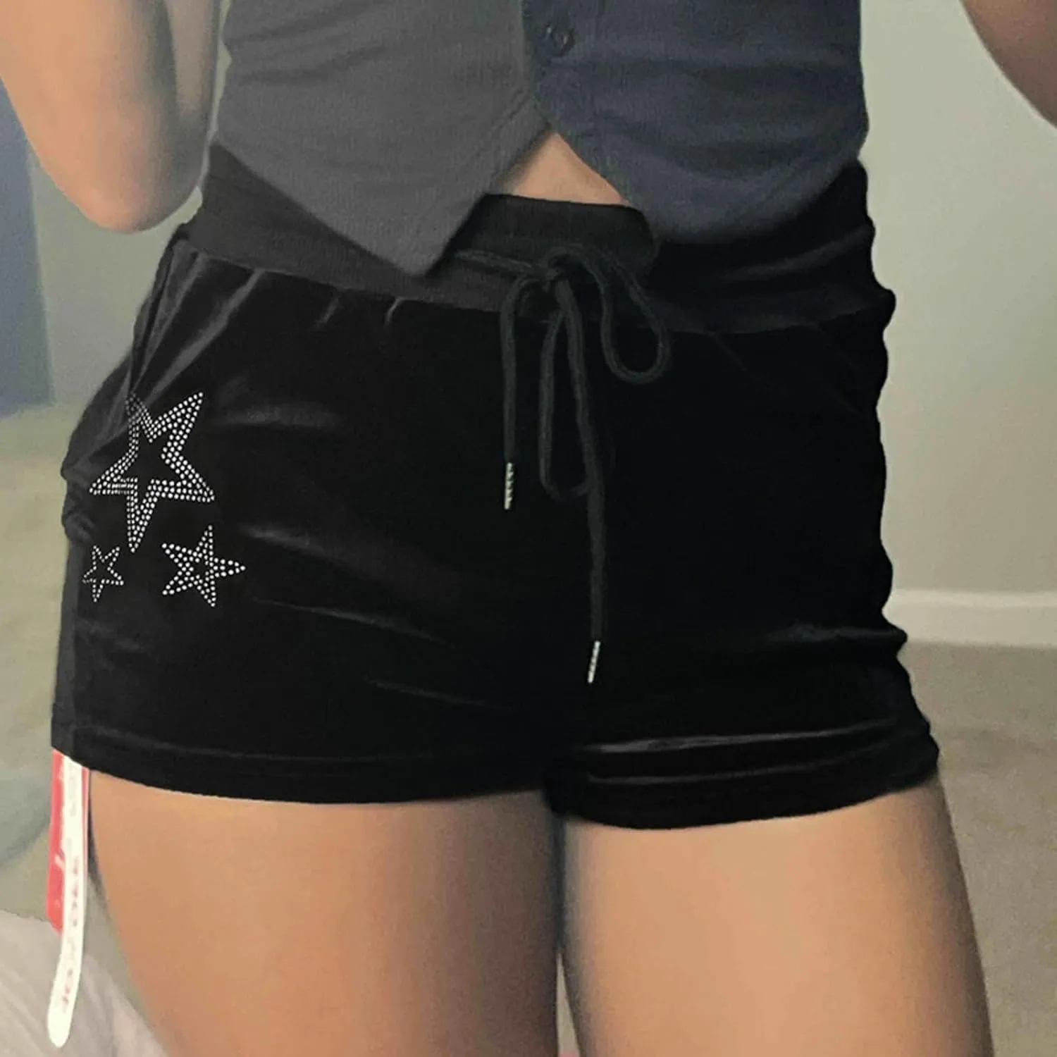 Velvet Shorts for Women Goth Star Rhinestone Drawstring Waist Y2K Aesthetic Clubwear Sexy Stretchy Hot Pants