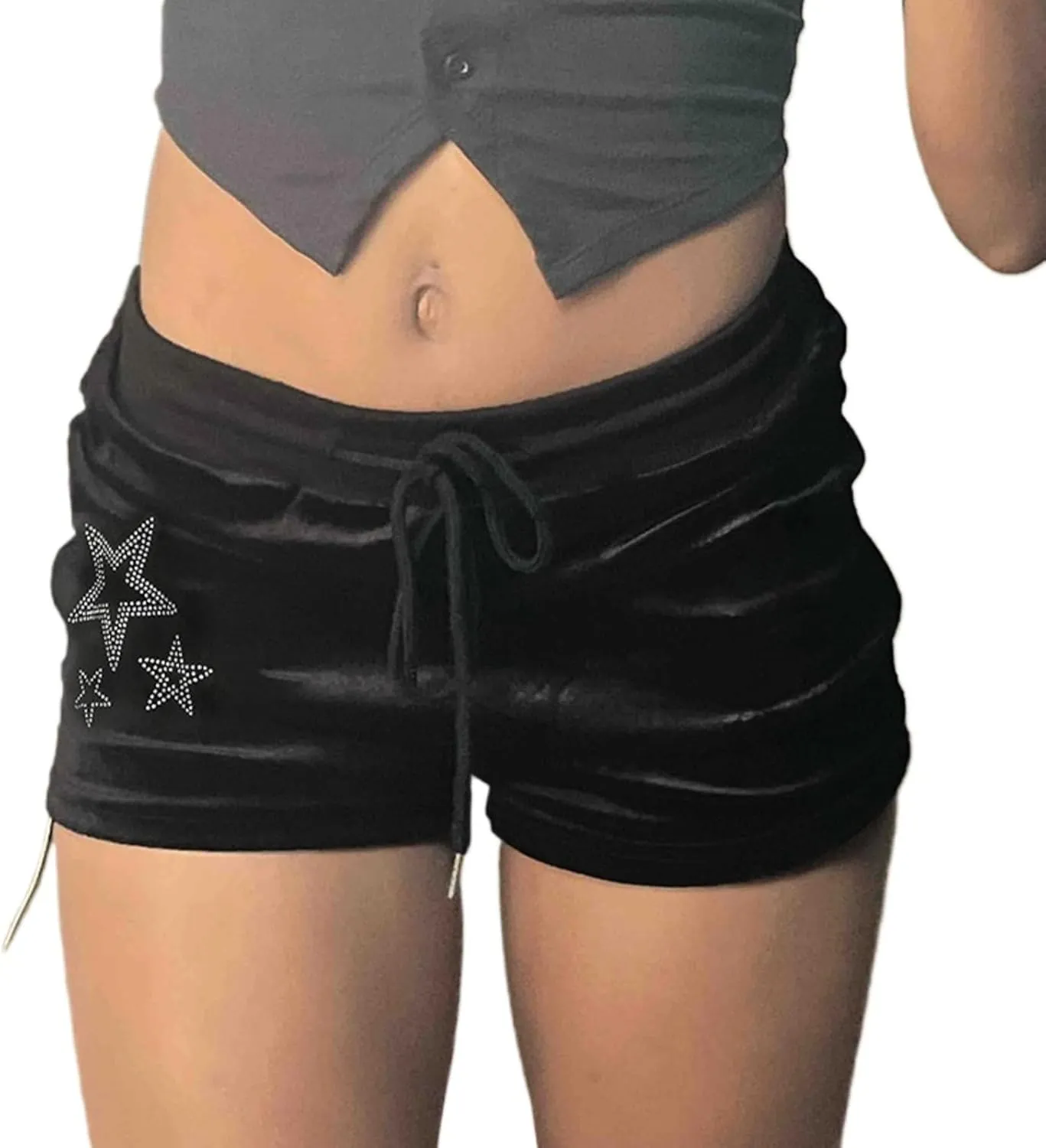 Velvet Shorts for Women Goth Star Rhinestone Drawstring Waist Y2K Aesthetic Clubwear Sexy Stretchy Hot Pants
