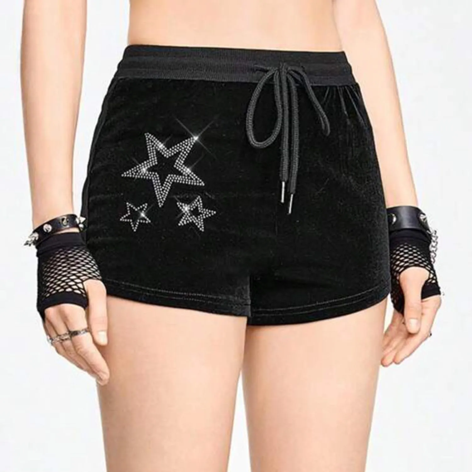 Velvet Shorts for Women Goth Star Rhinestone Drawstring Waist Y2K Aesthetic Clubwear Sexy Stretchy Hot Pants