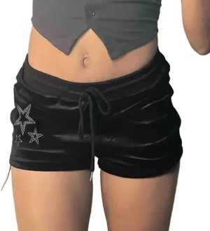 Velvet Shorts for Women Goth Star Rhinestone Drawstring Waist Y2K Aesthetic Clubwear Sexy Stretchy Hot Pants