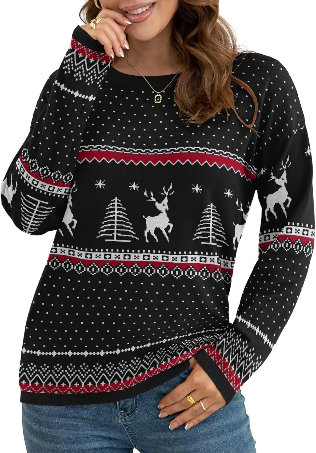 VIISHOW Women's Pullover Sweaters Long Sleeve Print Knitted Crew Neck Sweater Tops a Little Run Big