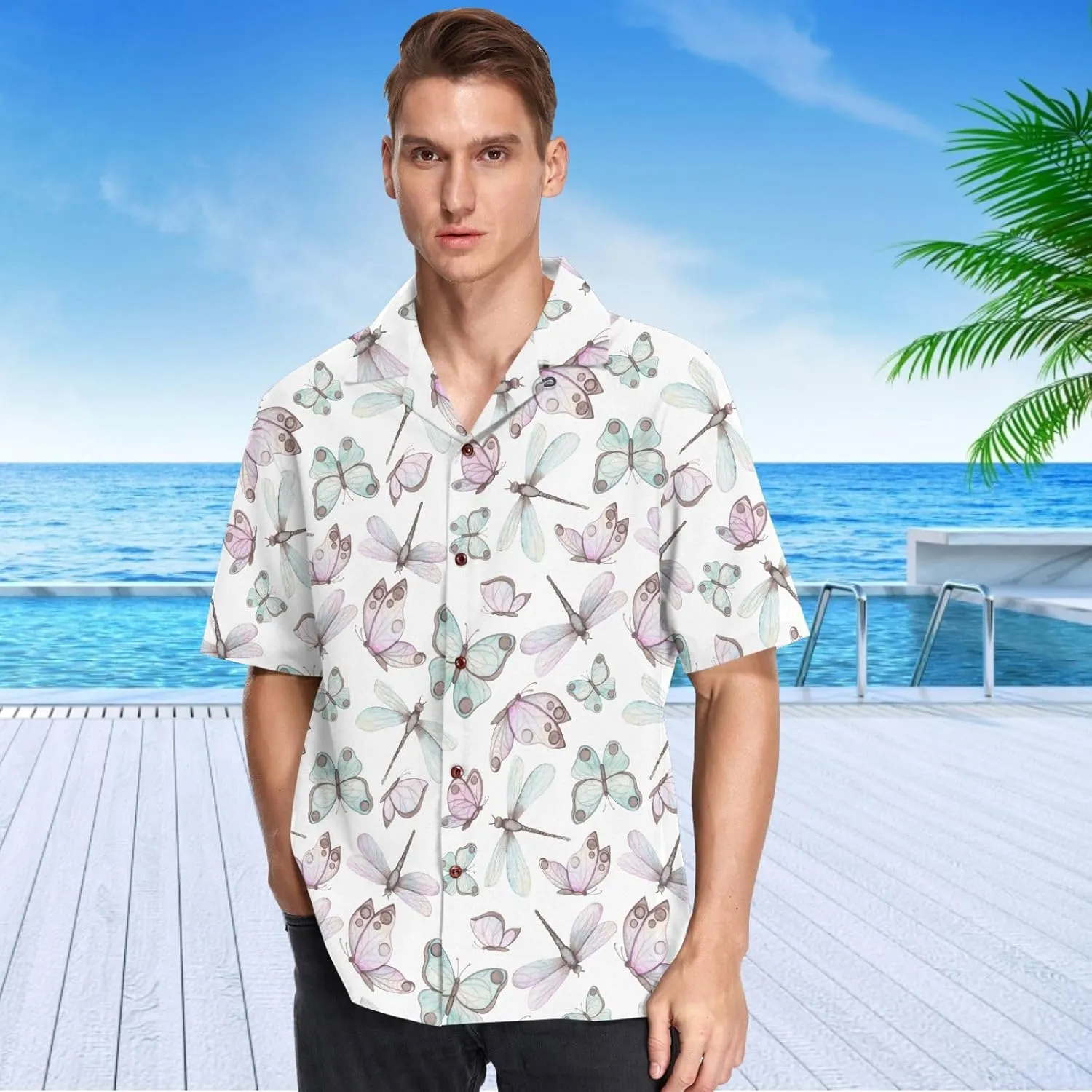 visesunny Stylish Men's Seasonal Hawaiian Print Button Down Short Sleeve Shirt Beach Clothing Unisex S-XXXL