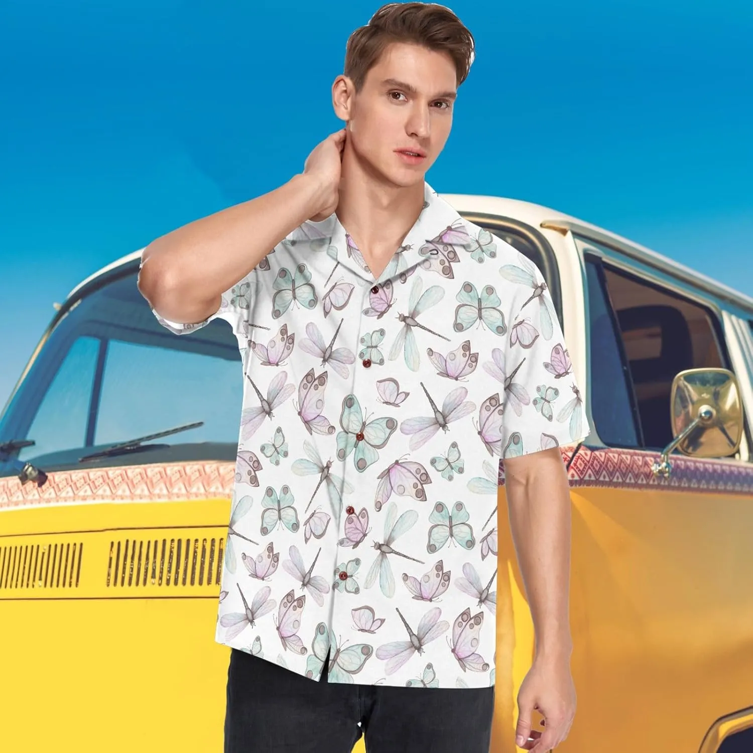 visesunny Stylish Men's Seasonal Hawaiian Print Button Down Short Sleeve Shirt Beach Clothing Unisex S-XXXL