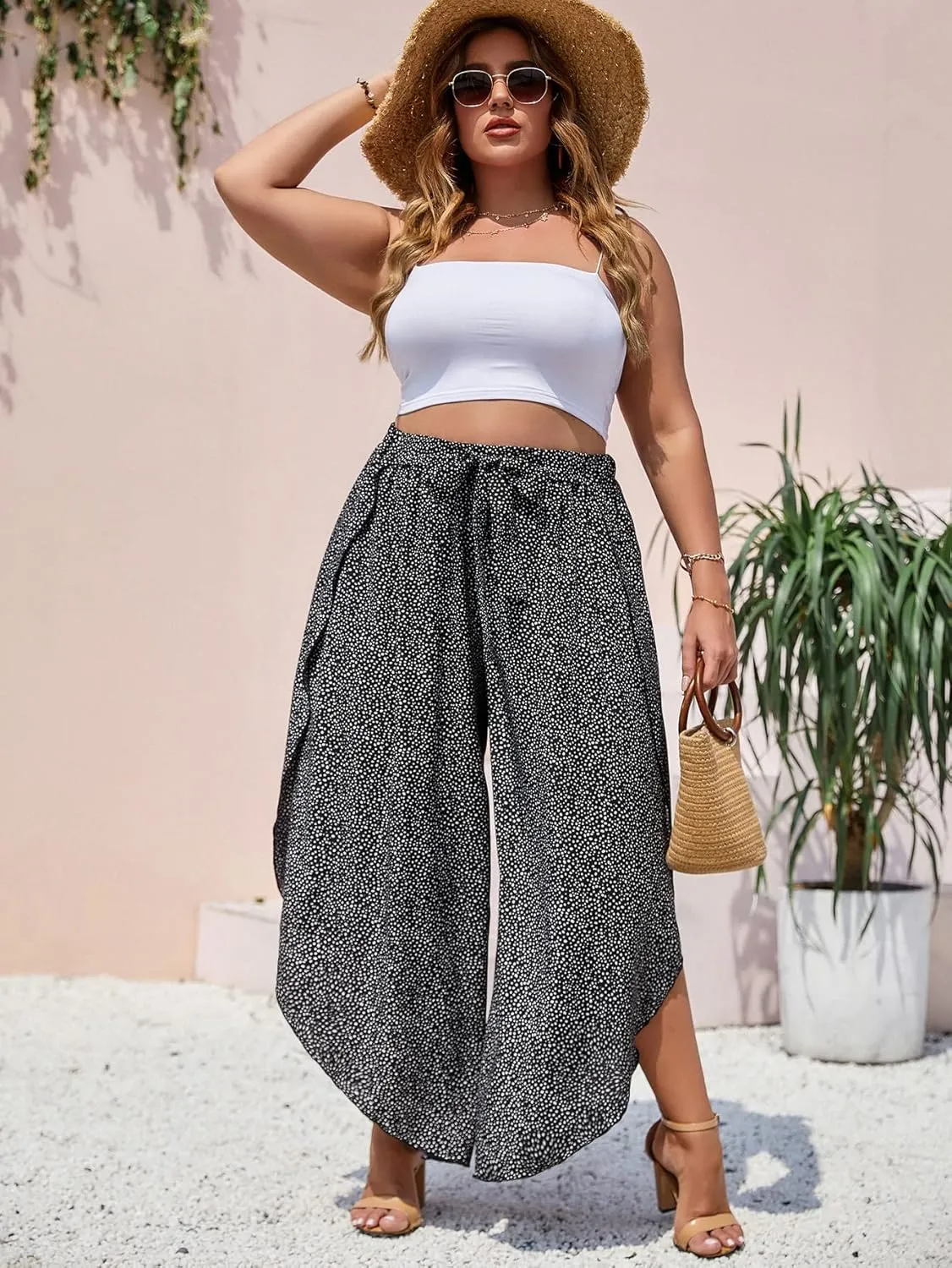 WDIRARA Women's Plus Size Printed Tie Front Wide Leg Pants Asymmetrical Hem Pants