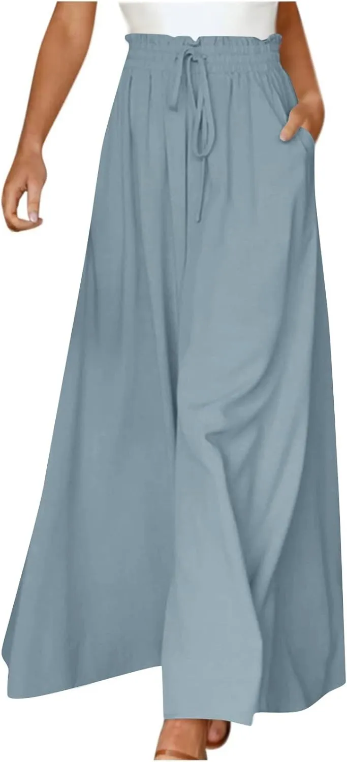 Wide Leg Dress Pants for Women Drawstring Pants Casual High Waisted Baggy Chiffon Palazzo Pant Lounge Beach Trousers