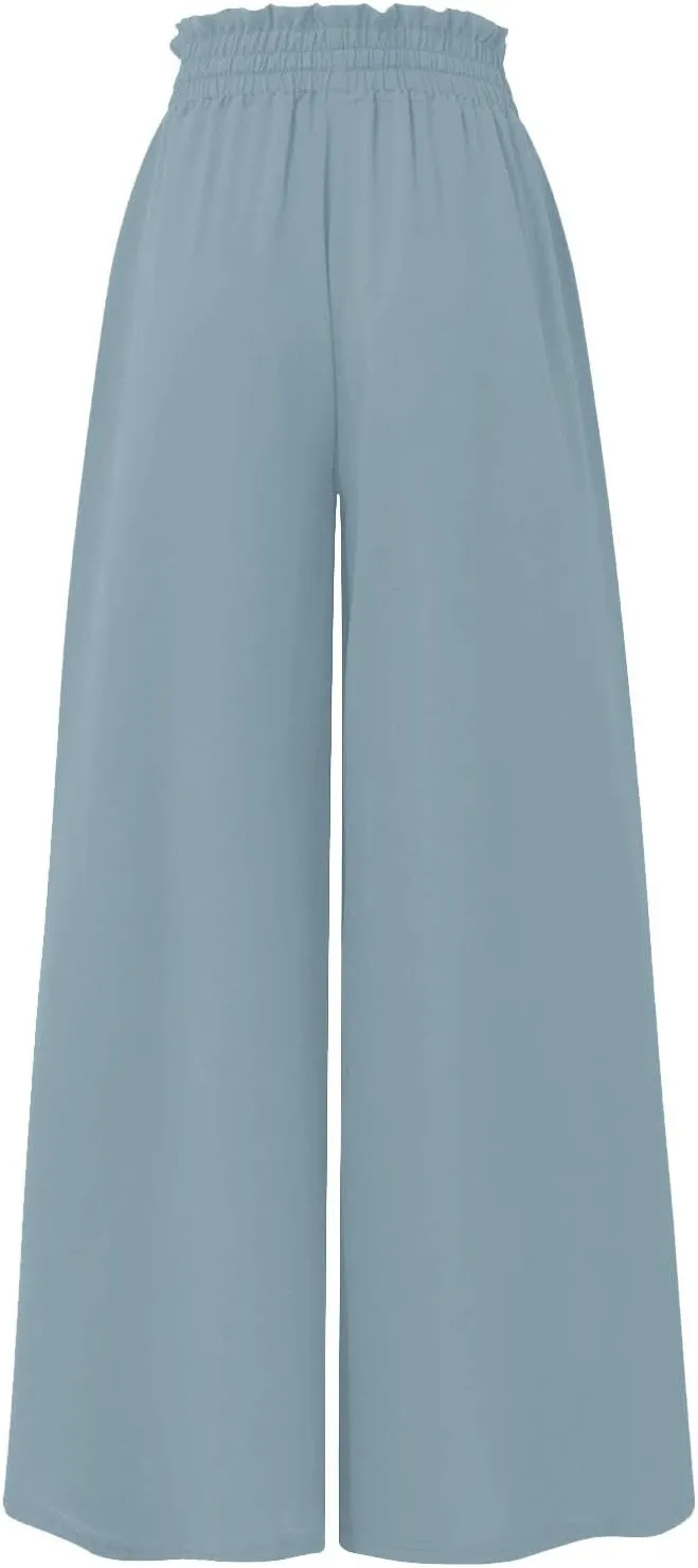Wide Leg Dress Pants for Women Drawstring Pants Casual High Waisted Baggy Chiffon Palazzo Pant Lounge Beach Trousers